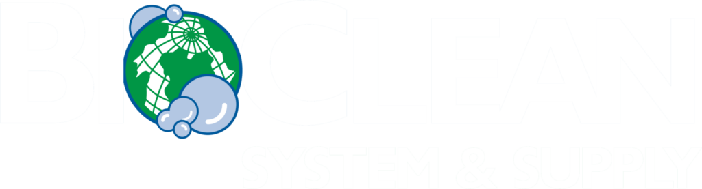 A green globe with bubbles overlaps white "BIOCLEAN SYSTEM & SUPPLY" text on a light gray background.